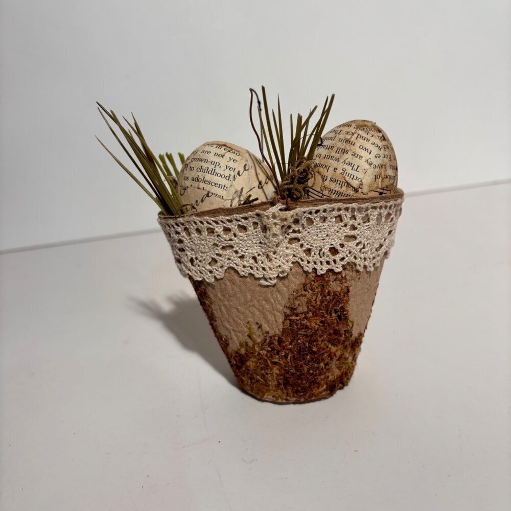 Shabby Chic Seed Starter Basket with Découpaged Vintage Newsprint Eggs & Moss 4" - Picture 2 of 4